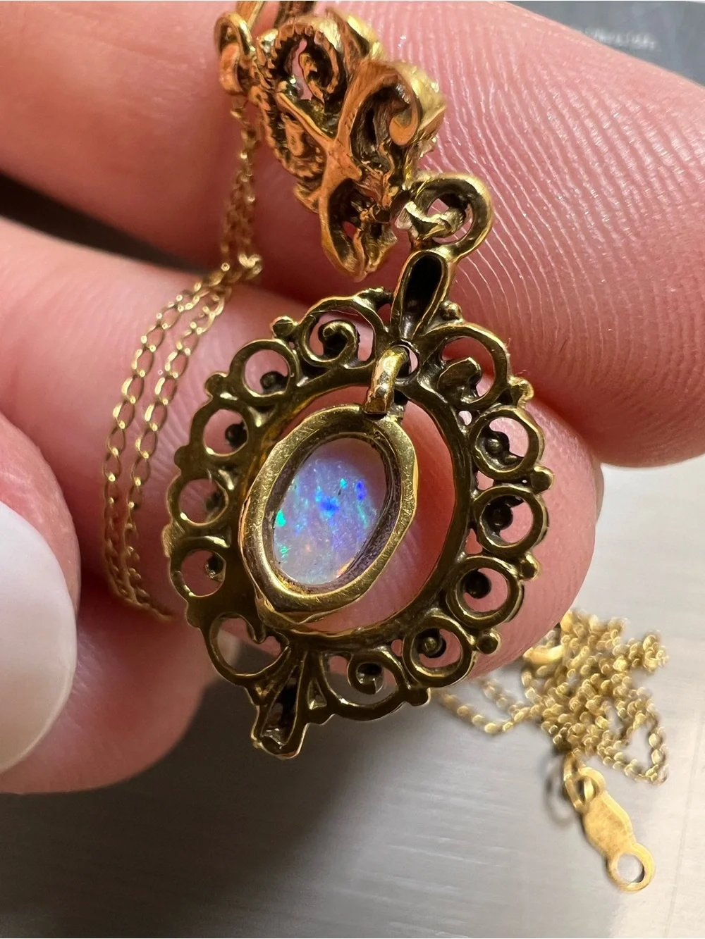 Antique 14K yellow gold with opals pendant necklace - Picture 5 of 15